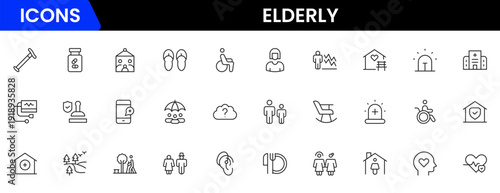 Elderly icon set. elderly care, pension, vision loss, and more. line icon style. old age element vector illustration