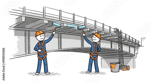 Construction workers painting a bridge with rollers while wearing safety harnesses and hard hats.
