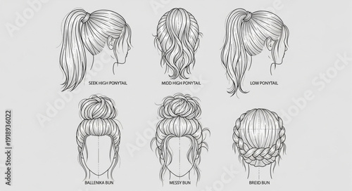 Six vintage hairstyles shown from the back in black and white illustration.