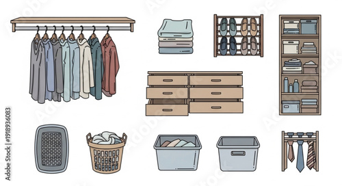 Collection of clothing storage and organization items.