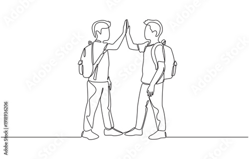 Continuous one line drawing of two male schoolmates giving each other highfive, school friendship concept, single line art.