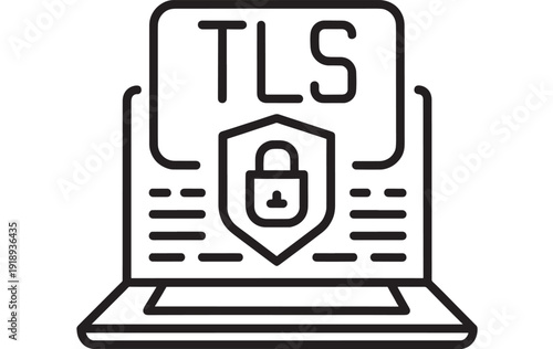 Laptop icon with TLS lettering and shield padlock symbol, secure internet connection concept, cybersecurity encryption, SSL certificate protection line art