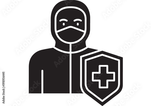 Person medical protection icon with face mask and hooded suit beside healthcare shield with cross, minimalist black glyph for safety, infection control, and insurance