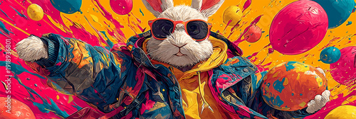 Cool Easter bunny wearing sunglasses holding decorated egg. Easter poster. Anthropomorphic bunny wearing colorful jacket, surrounded by paint splatters and festive eggs