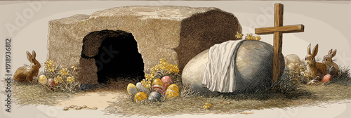 Empty tomb with cross and easter bunnies celebrating resurrection. Easter greeting card. Empty cave, stone rolled away, with cross, bunnies and colorful Easter eggs