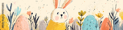 Happy Easter bunny finding colorful eggs in spring field banner. Cute bunny standing among pastel colored Easter eggs and stylized spring plants