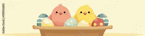 Two cute chicks standing in Easter basket with eggs. Easter greeting card. Two adorable chicks standing on colorful eggs in an Easter basket, representing spring holiday