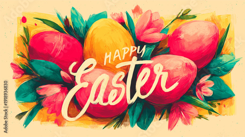 Happy Easter greeting with bunny and vibrant spring flowers. Happy Easter greeting design featuring a cute bunny, blooming tulips, and spring daffodils