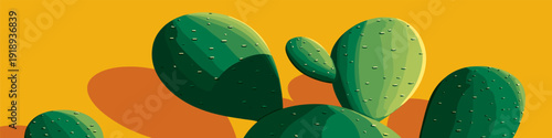 Nopal cactus pads growing with vibrant yellow background. Nopal cactus pads featuring simple graphic shape and casting shadow on yellow wall