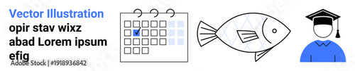 Time management, wildlife preservation, education, scheduling, academic goals, planning. A calendar, fish graphic and graduate cap icon. Time management and education concepts