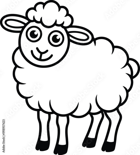 A charming simple cartoon illustration portrays a fluffy sheep with a friendly face and round eyes