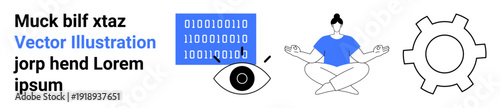 Binary code with an eye, gear symbolizing innovation, woman meditating for mindfulness. Ideal for technology, focus, wellness, balance, innovation, creativity simple landing page