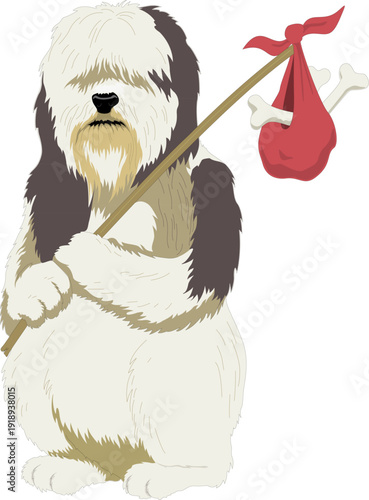 Shaggy Dog Carrying Bag on Stick – Cute Cartoon Wanderer Dog Illustration