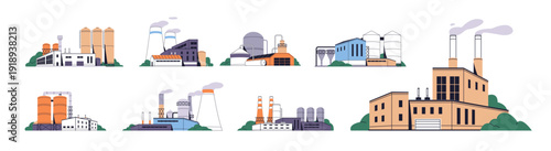 Different factories set. Building of power stations, heavy industry plants and manufacturing with exhaust smoke from chimney. Productions with tanks. Flat isolated vector illustrations on white