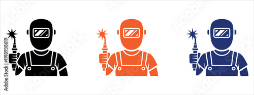 Professional Welder with Protective Mask and Welding Torch Icons Set for Industrial Work Vector Illustration.