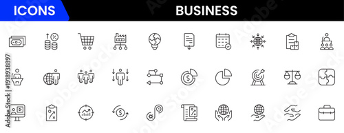 Business and Finance web icons in line style. Money, bank, contact, infographic. Icon collection. Vector illustration.
