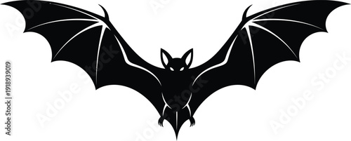 A black silhouette of a bat in flight with outstretched wings on a white background