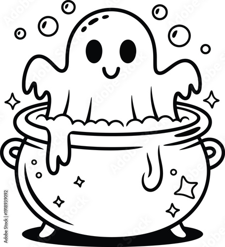 A friendly ghost emerging from a bubbling cauldron with stars and bubbles surrounding it