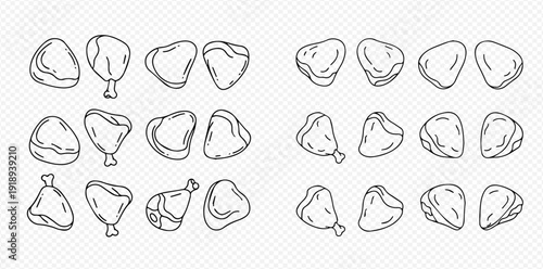 Set of hand-drawn doodle style chicken pieces, including drumsticks, wings, and breasts, isolated on a transparent background.
