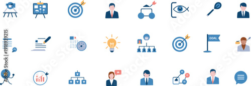 Business icons, productivity, project planning, goal setting, teamwork, communication, analysis, strategy, success, achievement, target, light bulb, document, chart, growth