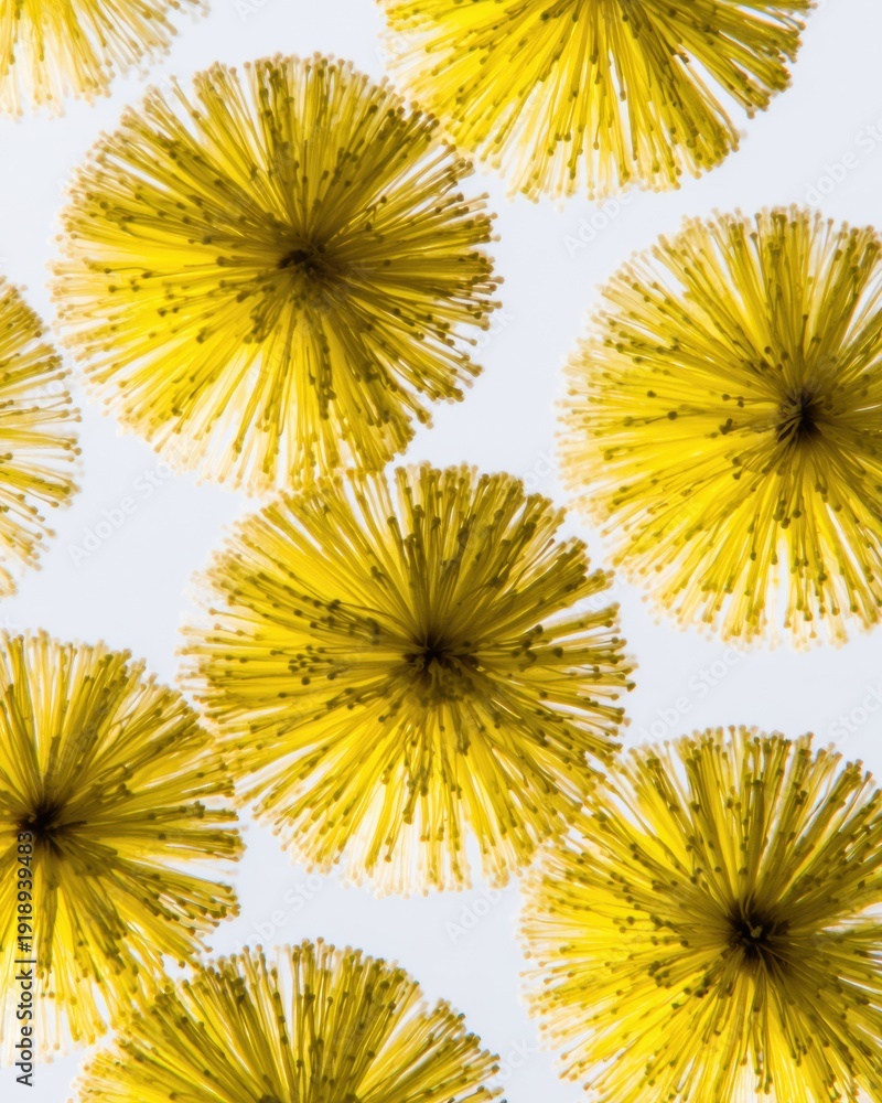 Obraz premium Mimosa fluffy yellow flowers on minimal background flat lay for spring holiday marketing banner, top view floral still life with copy space for social media design