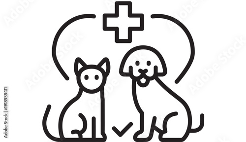 Veterinary clinic icon with cat and dog under medical cross, line art outline symbol for pet care, animal hospital, vet appointment, health service, isolated