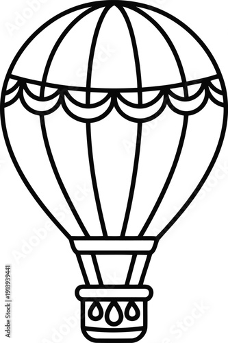 A simple outline drawing of a classic hot air balloon with a plain basket ready for flight