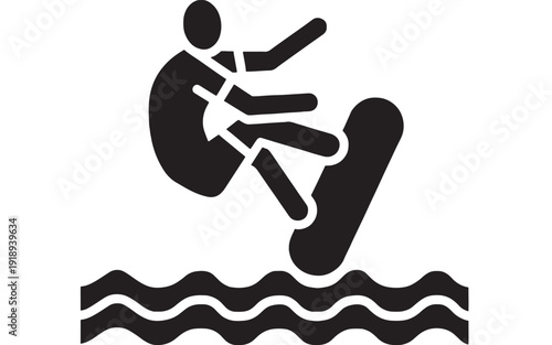 Wakeboarder silhouette icon with rider jumping above water waves, extreme sports pictogram for signage, web app UI, safety label, and recreation activity symbols