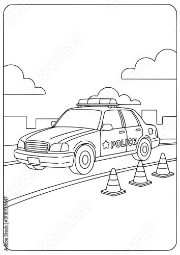  Police car coloring page for kids shows a patrol vehicle on a city street