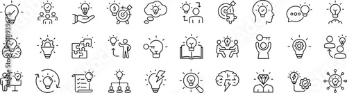 Collection of creative ideas, Idea Web Icon Set in Linear Style, line icons, including creativity, thinking, light bulb, innovation, solution, inspiration, business, and more. Editable stroke.