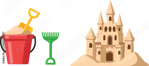 A high quality vector illustration of a detailed sandcastle next to a red bucket with a yellow shovel and green rake for summer beach fun.