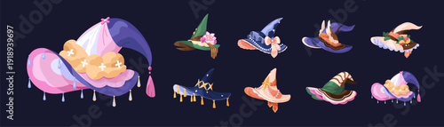 Witches' hats set. Different decorated pointed mage caps with stars, clouds, wings and flowers. Ornamented magic accessories of Halloween costume of wizard or fairy. Flat isolated vector illustrations