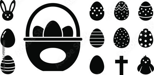 Easter silhouette icons with basket eggs bunny and cross black on white background