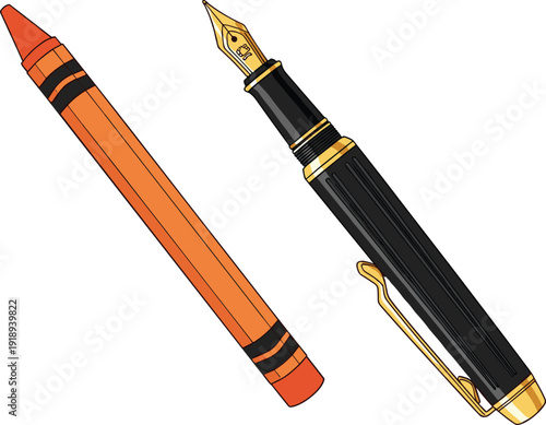 A high quality vector illustration of a professional black and gold fountain pen next to a classic orange wax crayon isolated on a white background.