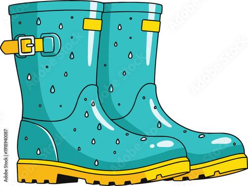 A pair of bright yellow rubber rain boots with black soles standing in a blue water puddle isolated on a clean white background.