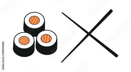 Three pieces of delicious salmon sushi rolls displayed next to crossed black eating chopsticks