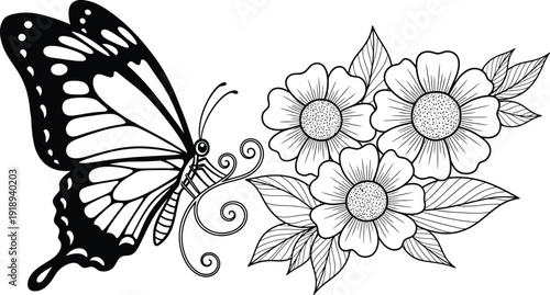 Butterfly and floral pattern coloring page design