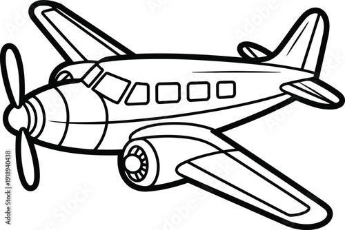 Classic propeller driven passenger plane depicted with clear lines on a white ground