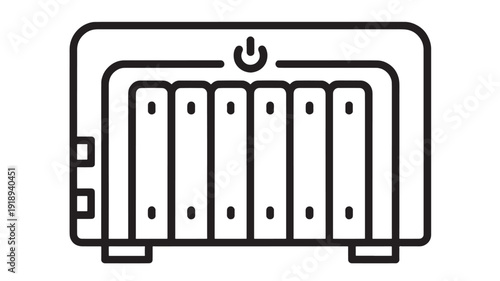 Radiator heater icon with power button symbol, electric space heating appliance line outline, home climate control equipment pictogram isolated on white