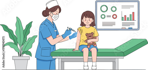 Female doctor or nurse in blue scrubs giving a vaccine injection to a brave little girl holding a teddy bear in a medical clinic.