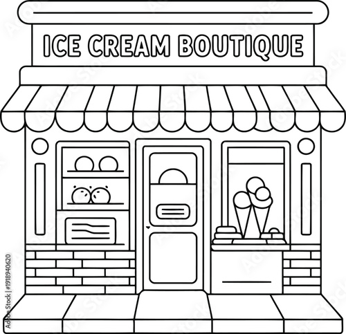 Exterior view of a charming ice cream boutique with a prominent sign and awning drawing