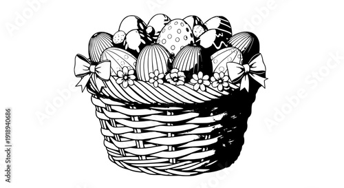 Easter basket vector illustration, woven texture detail, filled with chocolate eggs and colorful decorations, semi-flat realistic style, soft lighting effect