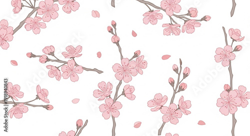 Pink Cherry Blossom Branches Pattern.