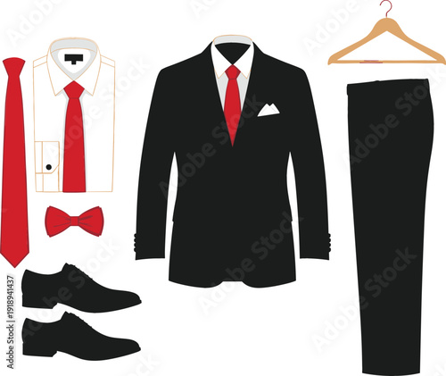 Professional men's formal wear vector illustration set featuring a black suit jacket trousers white dress shirt red necktie bowtie and leather shoes.