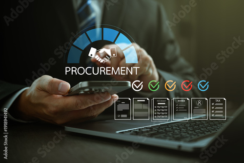 Foto Business executive managing digital procurement process on smartphone with supplier approval dashboard, contract documents, invoice verification, and supply chain compliance system