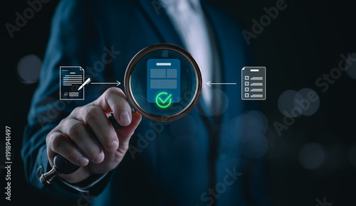 Business professional reviewing and approving digital documents with magnifying glass interface, representing document verification, approval workflow, DMS system, compliance audit, process control.