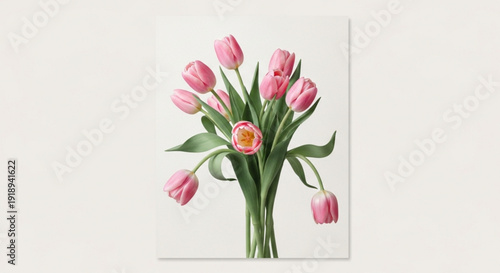 Pink tulips bouquet on white background with green stems and leaves floral arrangement