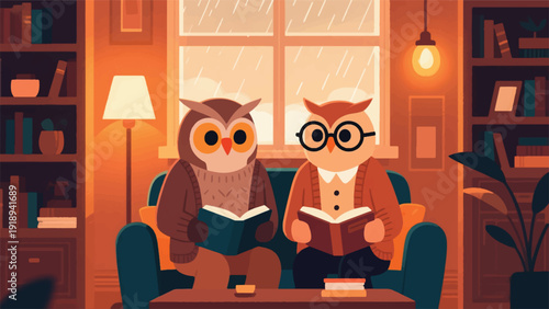 Illustration Of A Male Owl And A Female Owl, Wearing Glasses And Cardigans, Reading Books Together In A Library Vector Design Template