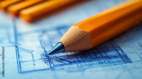 Pencil on Blueprint Drawing.