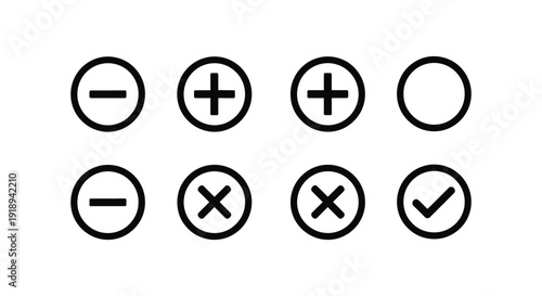 Set of common interface icons depicting plus, minus, multiplication, division, checkmark, and empty states
